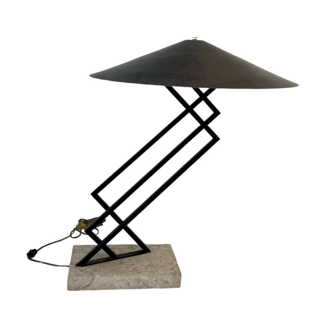Memphis Style Postmodern Lamp, Cantilevered Iron and Travertine Base: 26 x 21 in w/ shade