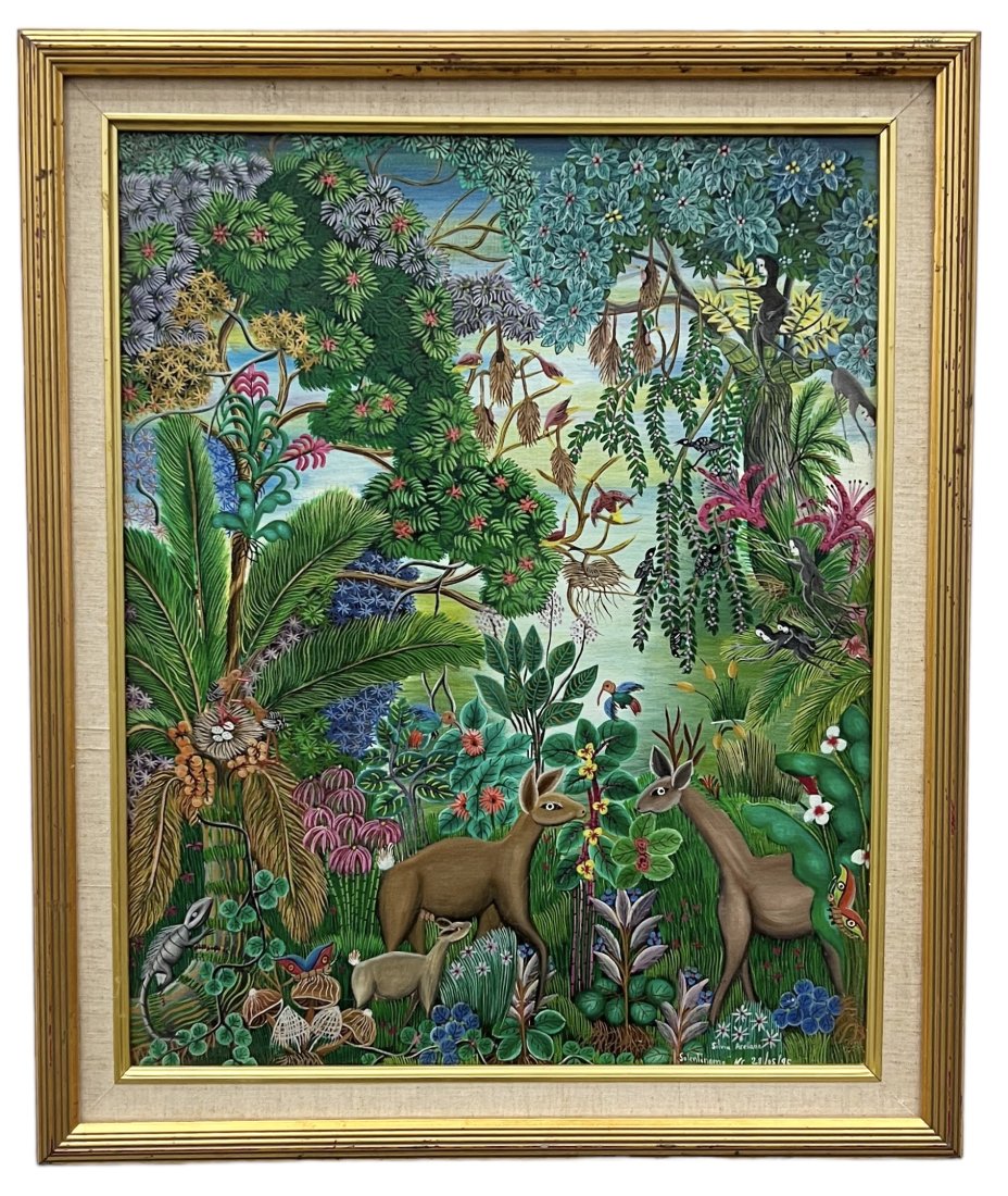 SILVIA ARELLANO (20th c, Nicaragua) Naive Jungle Scene: Oil on canvas 21 x 17 in, 24 x 20 in (framed)
