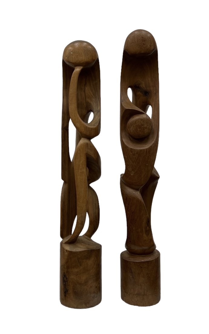 Pair Of Mid-Century Modern Wooden Fertility Sculptures: 26 x 4 in