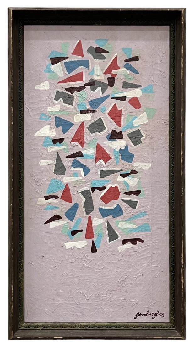 Vintage Abstract Painting Signed & Dated 1981: Oil on canvas 24 x 12 in, 26 x 14 in (framed)