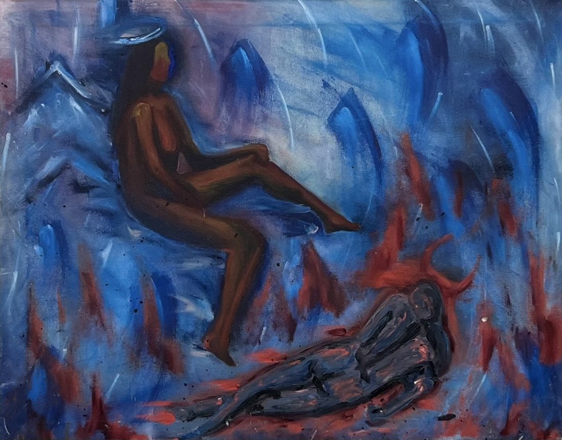 Vintage Expressionist w/ Figures Painting Signed Illegibly: Oil on canvas 30 x 24 in