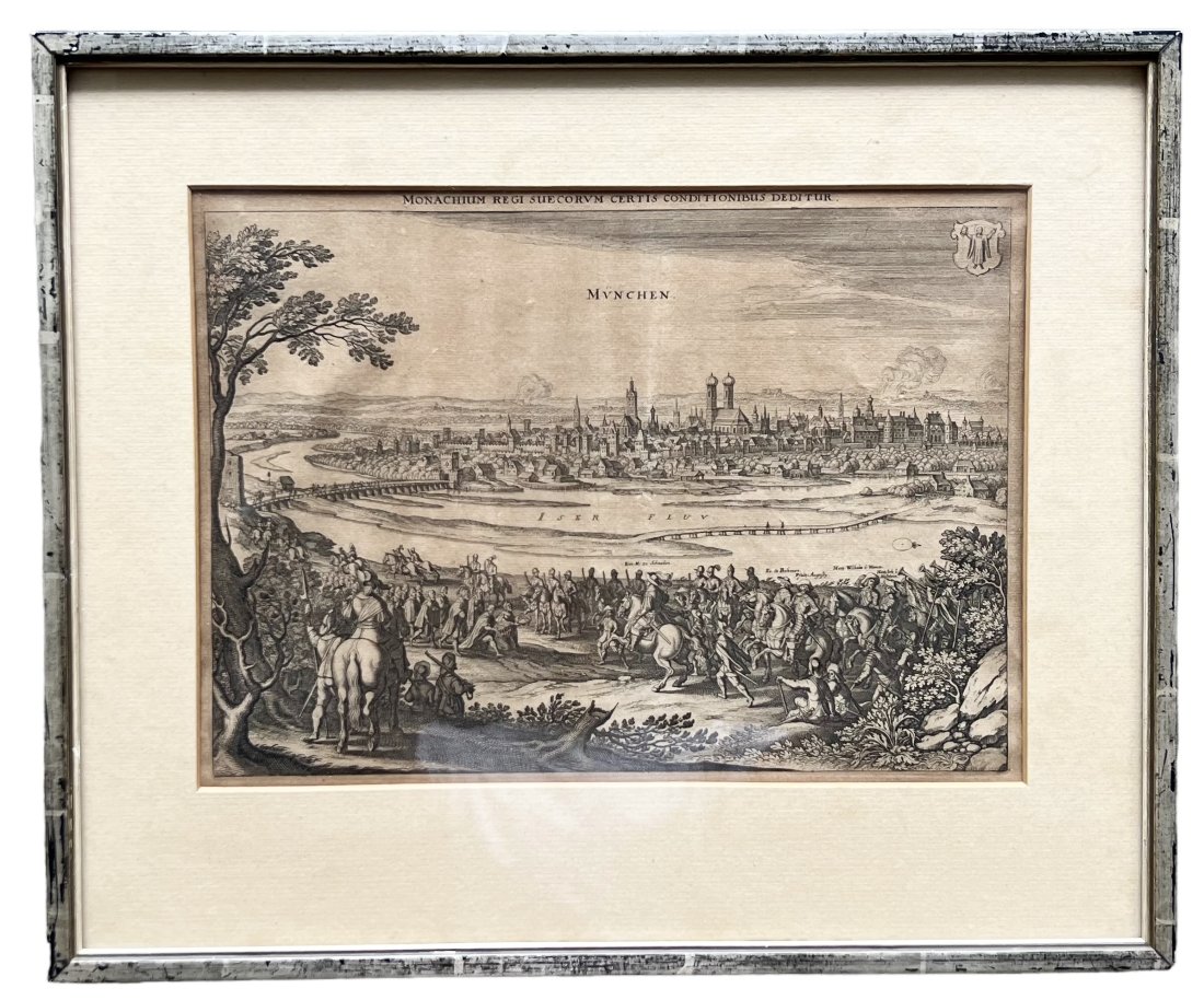 Antique Engraving, MÃ¼nchen, View of Munich 1642: 12 1/4 x 8 3/4 in, 17 1/2 x 14 1/2 in (framed).The original view is from Cornelis Dankaertz "The History of the Life of Gustavus Adolphus" (Amsterdam, 1642), which chronicled the life of the Swedish k