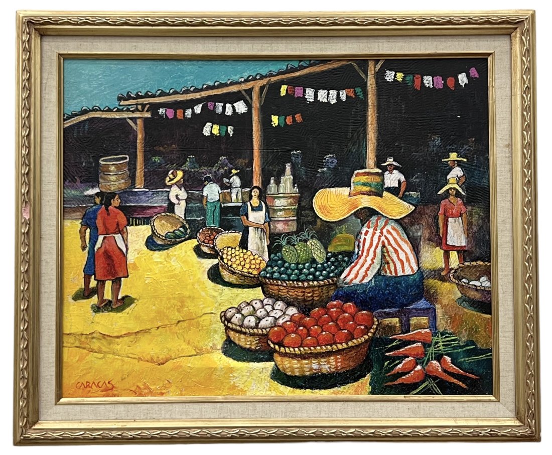 CESAR CARACAS (1935-2011, Nicaragua) Mercado: Oil on canvas 20 x 16 in, 24 x 20 in (framed)