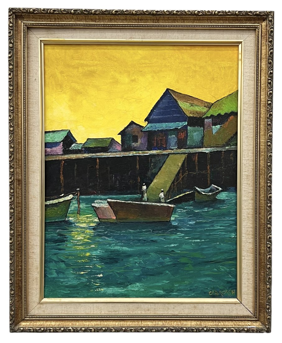 CESAR CARACAS (1935-2011, Nicaragua) Harbor Scene: Oil on board 14 x 18 in