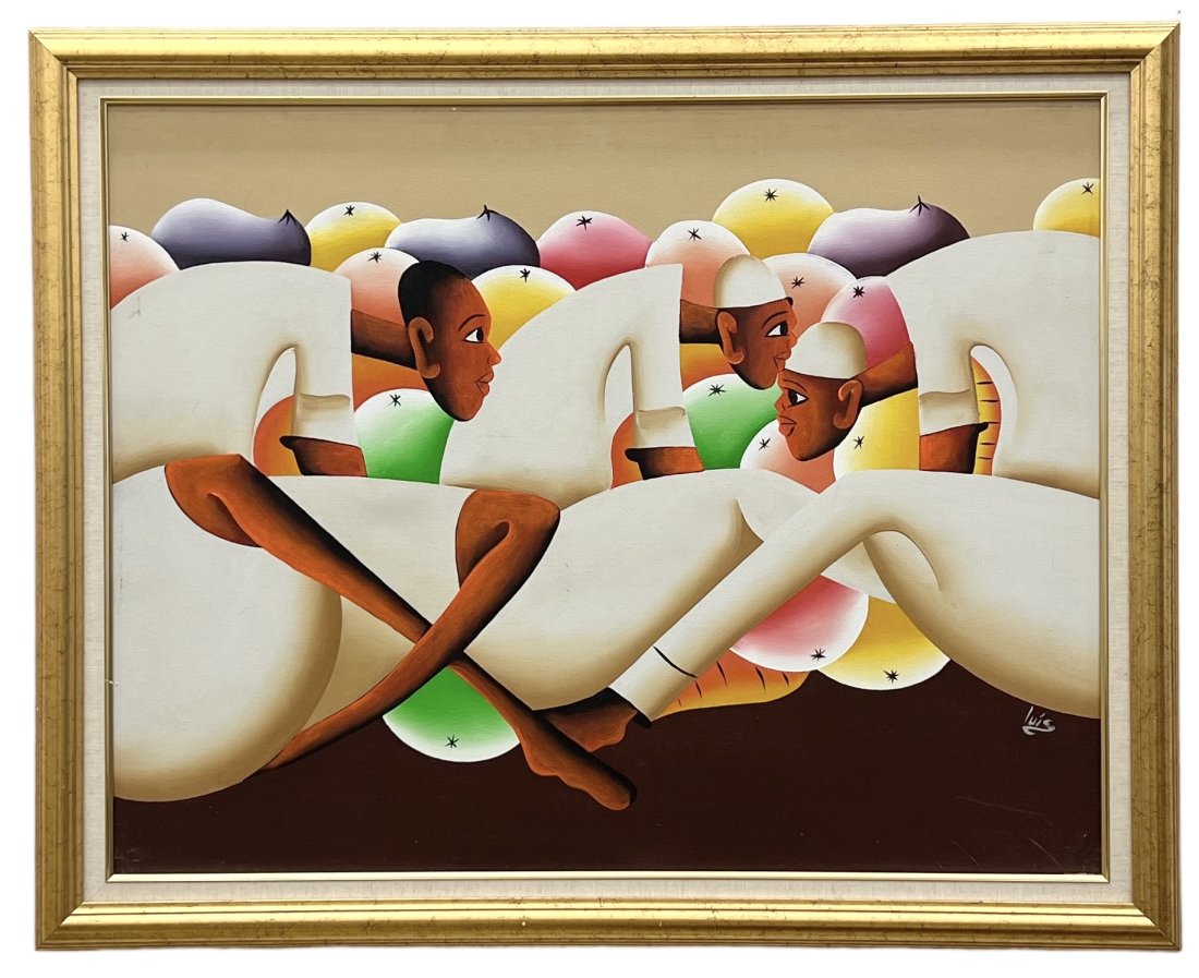 Haitian Modernist Abstract Painting, Signed: Oil on canvas 39 x 29 in