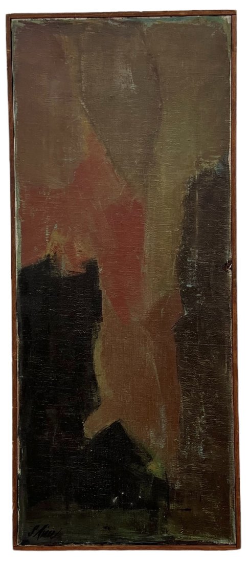 Mid-Century Modern Abstract Painting, Illegible Signature: Oil on canvas 24 x 10 in
