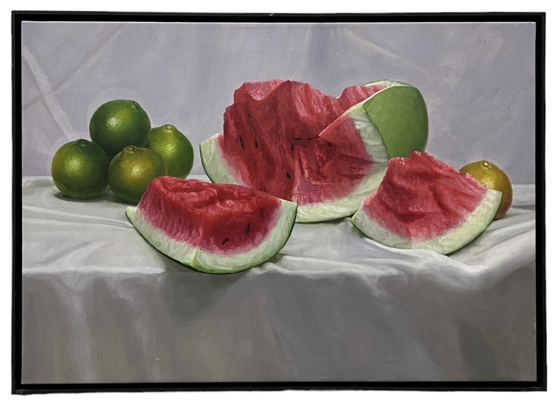 LEOVID SILVA (b.1954, Colombia) Still Life Of Watermelon, Hyperrealism: Oil on canvas 33.5 x 23.5 in, 35 x 25 in (framed)