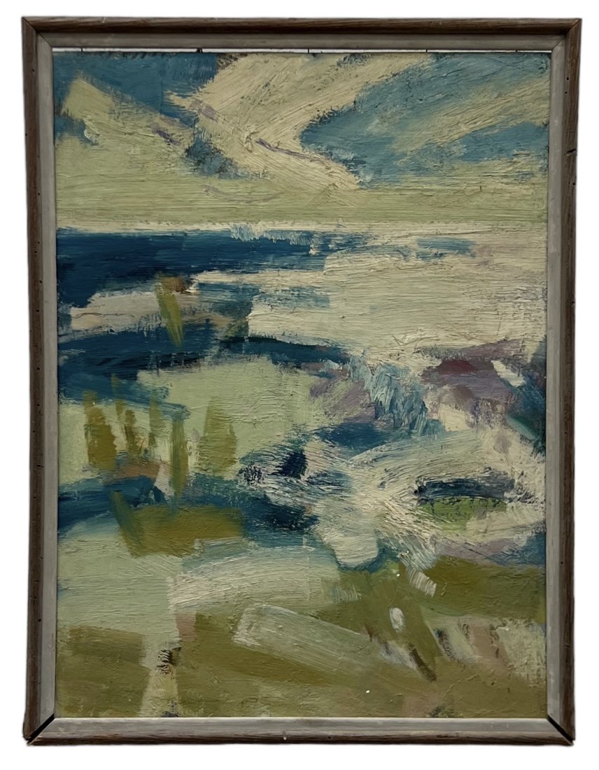 Impressionist Lake Landscape Painting Unknown Artist Writing Verso: Oil on canvas 24 x 18 in, 26 x 20 in