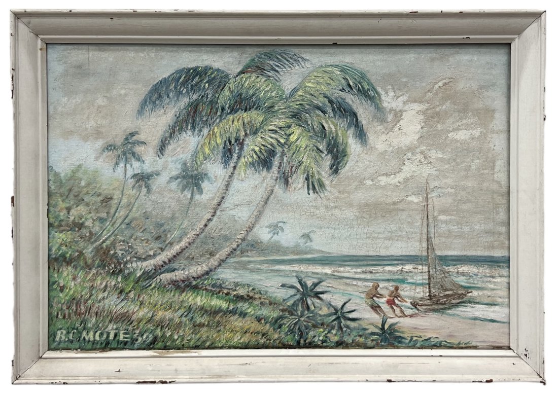 Old Florida Keys Impressionist Tropical Beach Landscape, Signed: Oil on canvas 36 x 24 in, 40 x 28 in (framed)