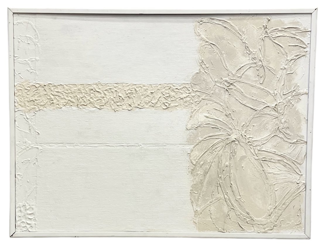 Mid-Century Minimalist White & Grey Abstract Impasto Painting: Oil on wood 41 x 31 in