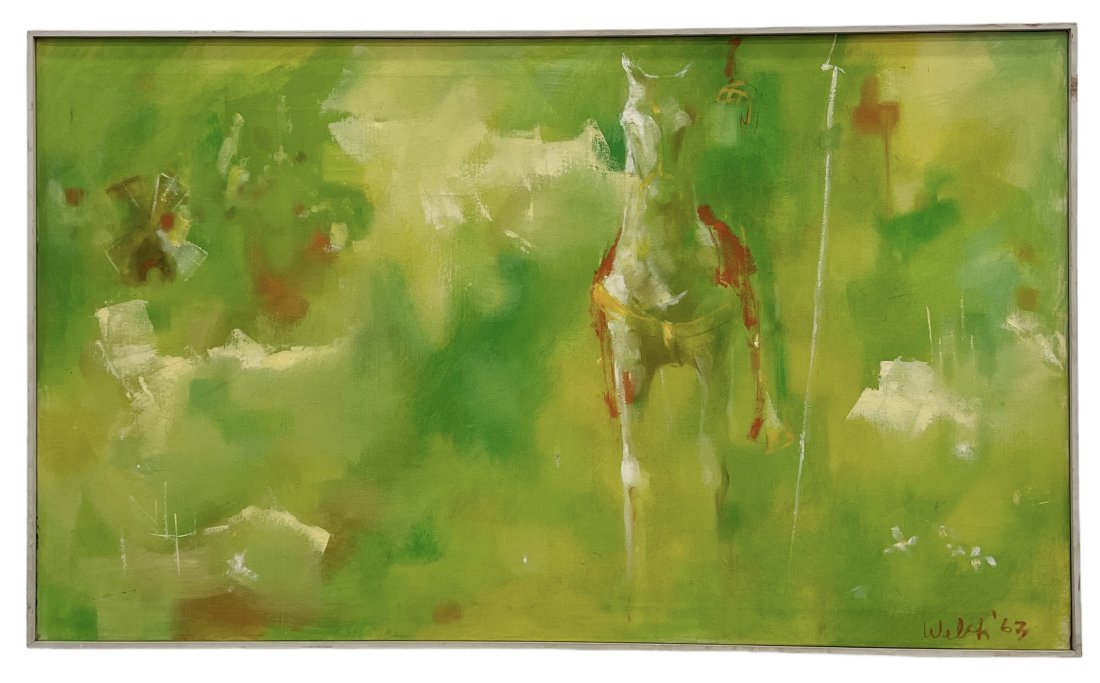 1960's Mid-Century Modern Abstract Painting Signed Welch: Oil on canvas 44 x 26 in
