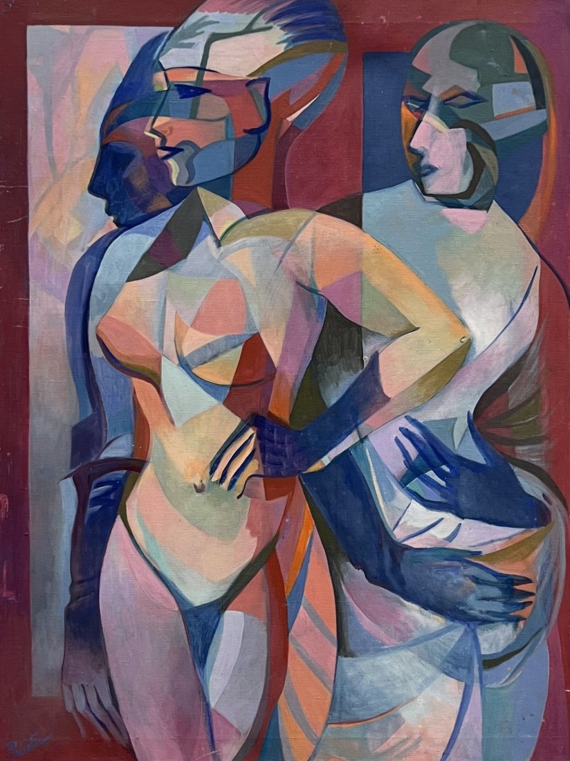 Mid-Century Cubist Avant-Garde Nude Figures Painting, Signed: Oil on canvas 40 x 30 in
