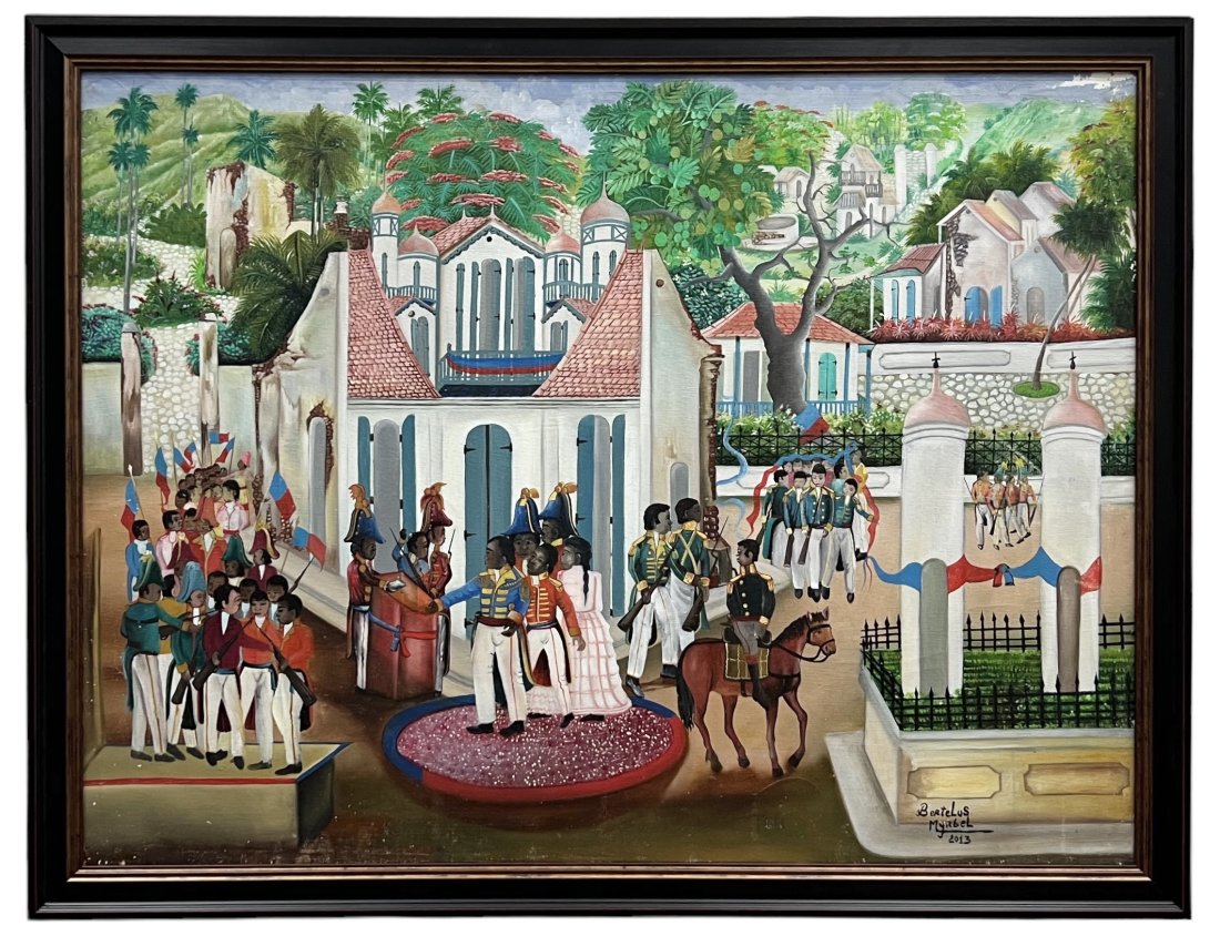 BERTELUS MERBEL (20th c, Haiti) Cap Haitien Revolutionary Subject: Oil on canvas 39 x 29.5 in, 42.5 x 33 in (framed)