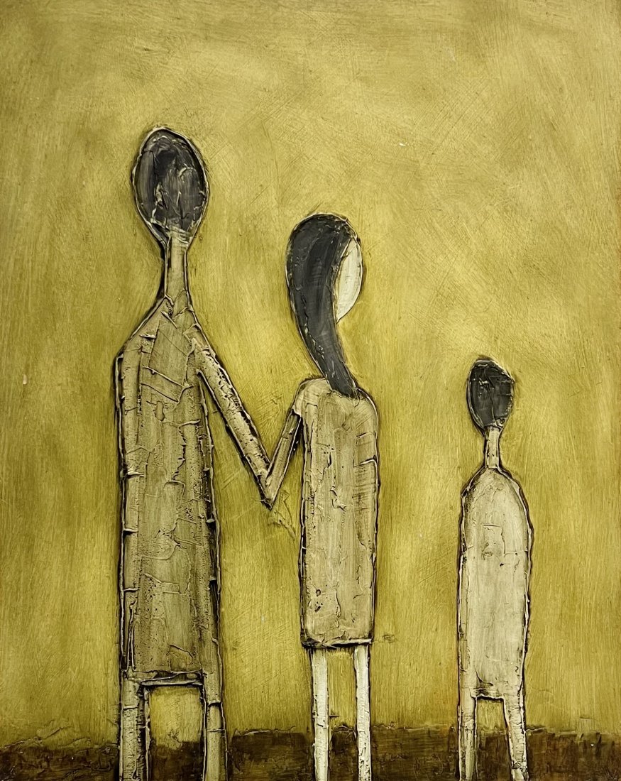 Modernist Painting Of A Family, Illegible Signature: Oil on masonite 30 x 24 in, Signed lower left corner