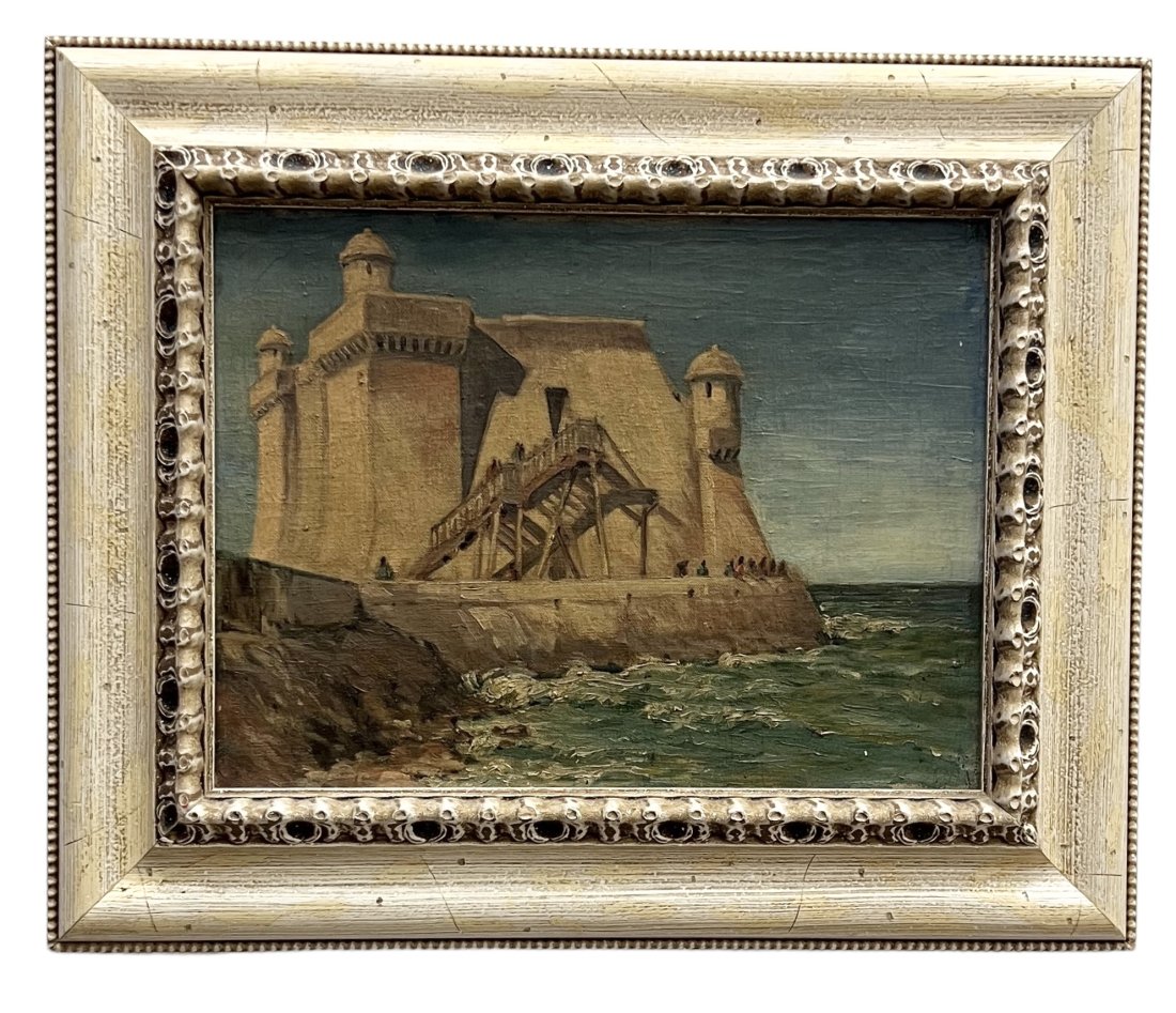 Old Caribbean Impressionist Painting Of Castle On The Sea, Possibly Puerto Rico: Oil on canvas 16.5 x 12.5 in, 23 x 19 in (framed)