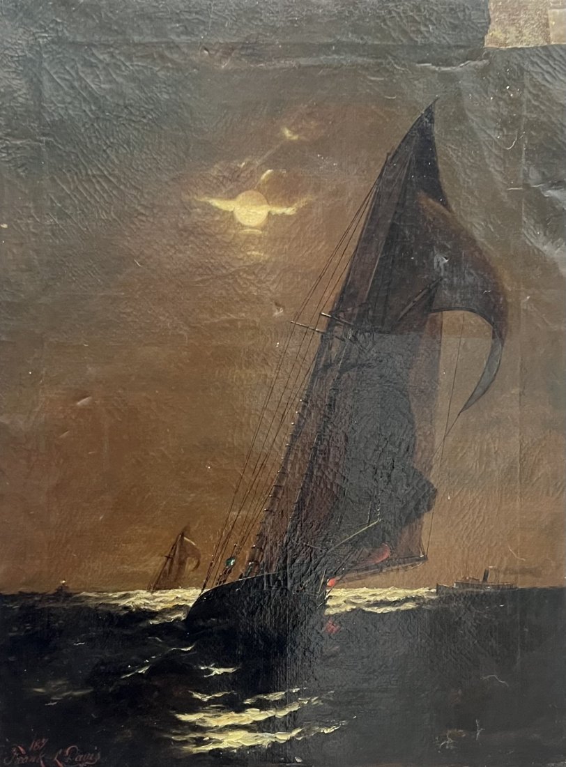 FRANK L. DAVIS 19th Century Tonalist Nautical Seascape Painting: Oil on canvas 24 x 18 in