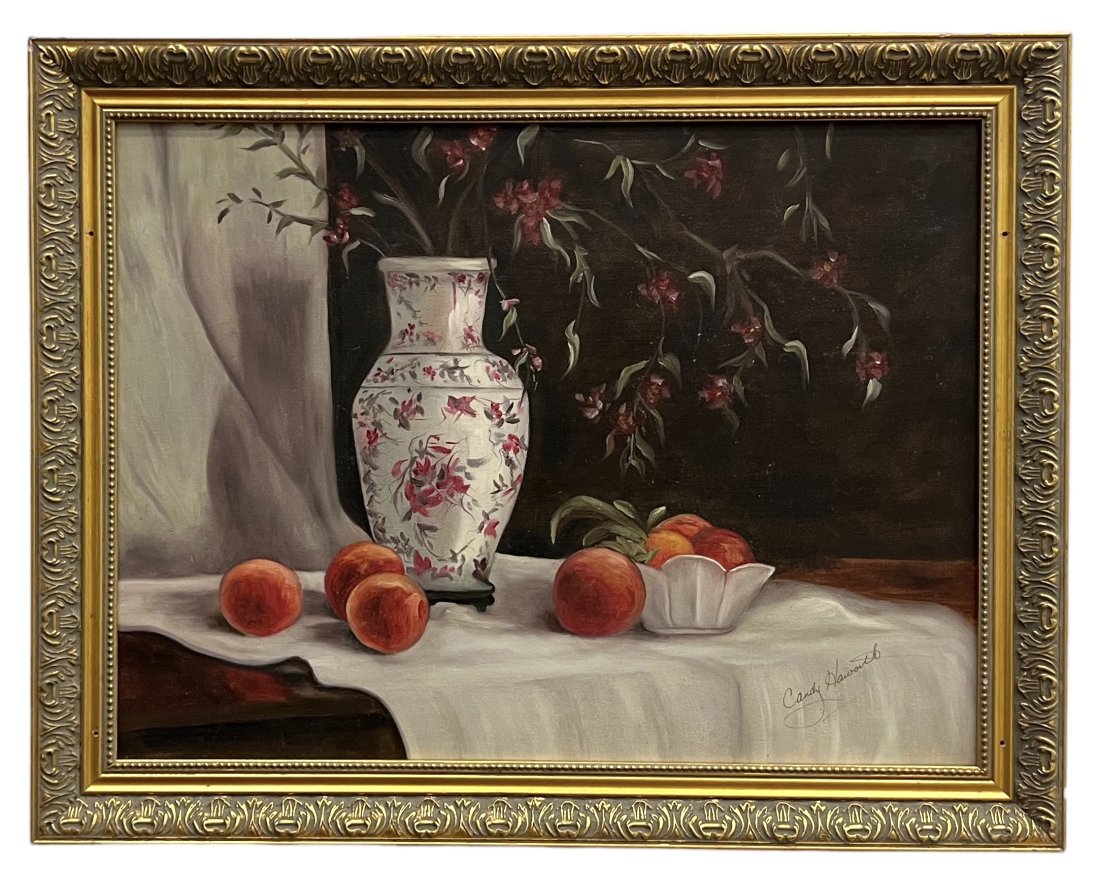 American Realism Still Life Of Peaches & Flowers, Signed: Oil on canvas 24 x 18 in, 28 x 22 in (framed)