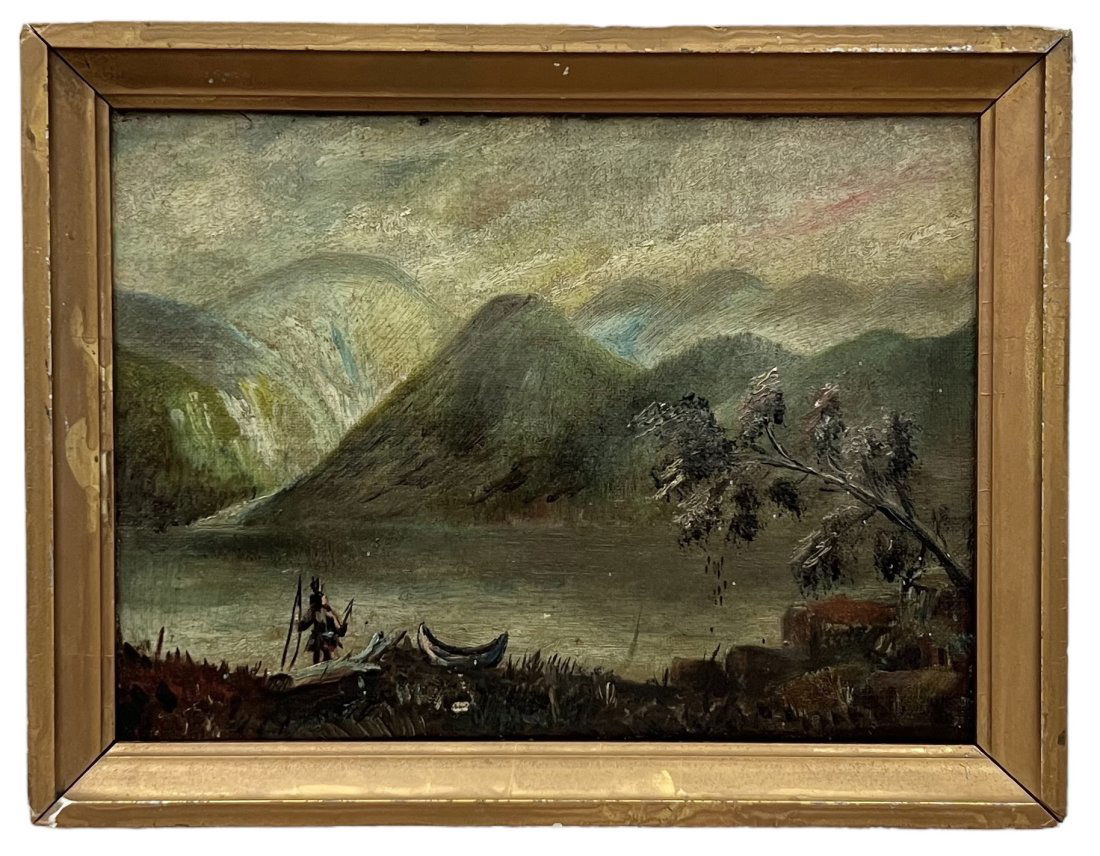 Antique Hudson River School Painting w/ Native American Figure: Oil on canvas 8.5 x 6.5 in