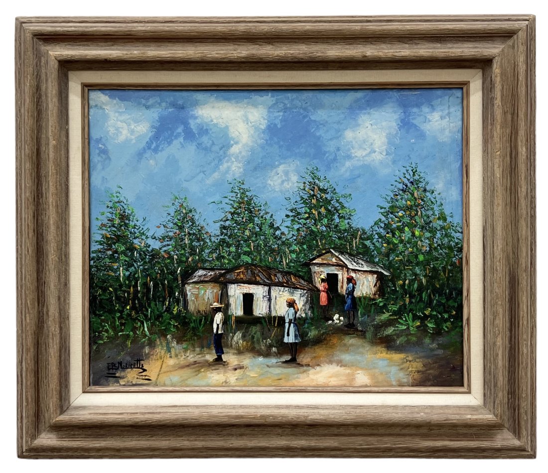 JB MORICETTE (20th c, Haiti) Village Landscape: Oil on canvas 20 x 16 in, 27 x 23 in (framed)