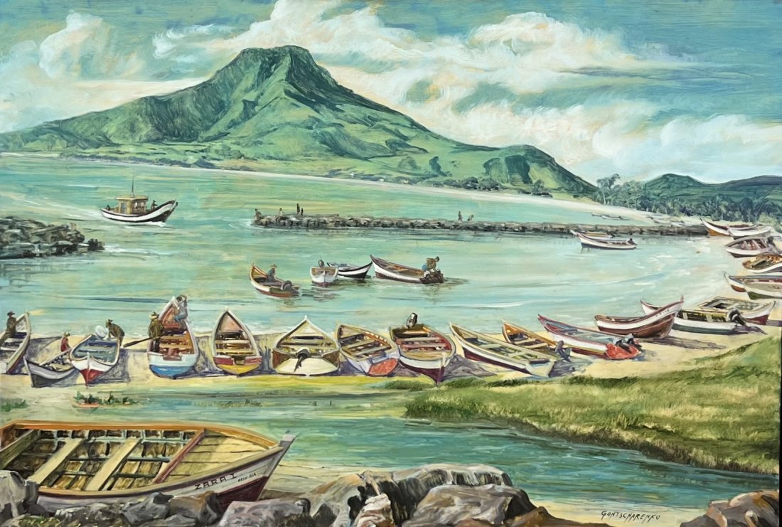 NIKOL GONTSCHARENKO (20th c, Venezuela) Puerto Fermin, Large Painting: Oil on canvas 57 x 39.5 in