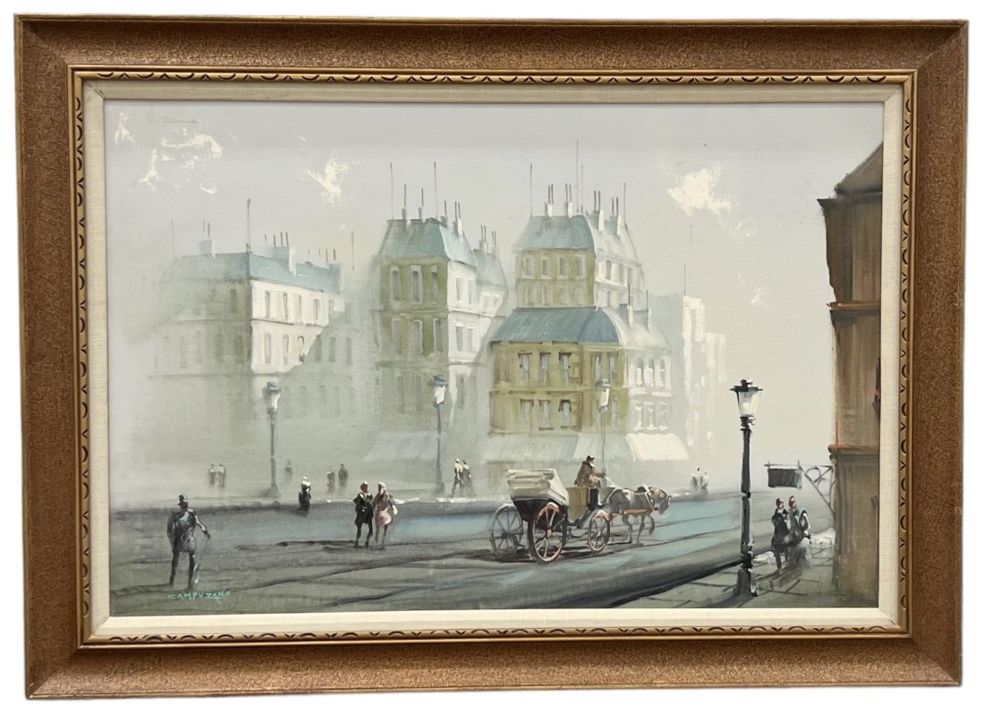JOSE CAMPOUZANO (1918-1979, Spain) Paris Street Scene: Oil on canvas 36 x 24 in, 43 x 31 in (framed).The following information was submitted in September of 2006 by Robyn Brown:Jose Luis Campuzano was born in Bilbao, Spain in 1918. He studied at the Schoo
