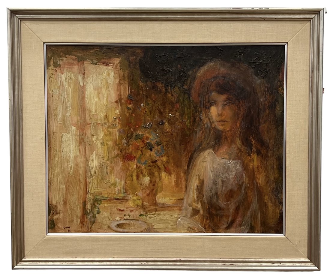 1960's Modernist Interior Scene Woman With Flowers, Illegible Signature: Oil on masonite 30 x 24 in, 37.5 x 31.5 in (framed)