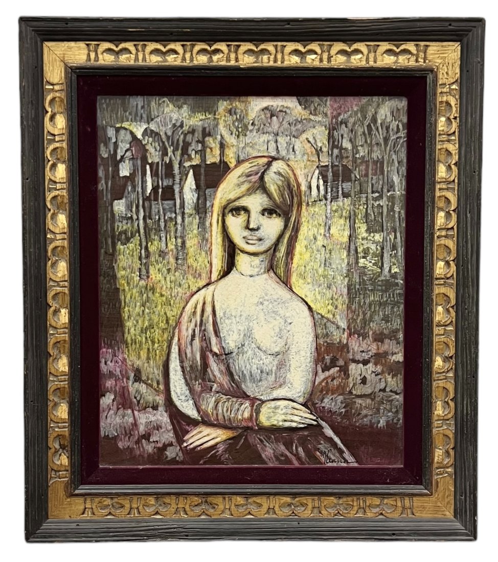 French Modernist Painting Of Woman In Landscape, Signed: Oil on board 24 x 20 in, 33 x 29 in (framed)