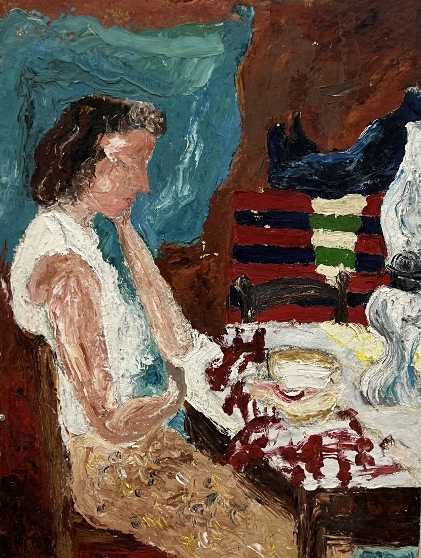 American Modernist Portrait Of A Seated Woman At Table, Unsigned: Oil on board 31.5 x 24 in