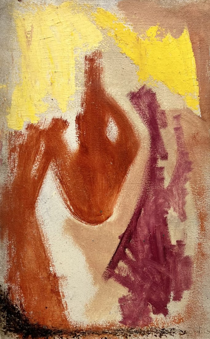 Mid-Century Modern Abstract Painting, Unsigned: Oil on board 24 x 15 in