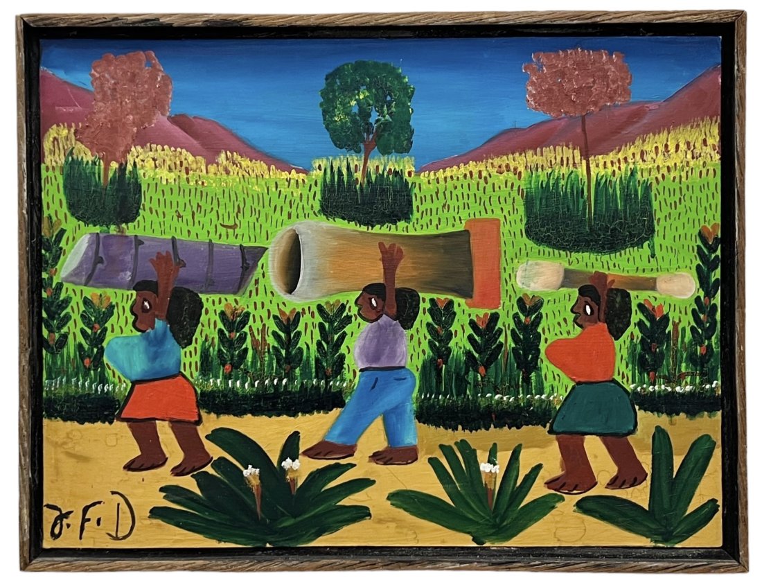 JEAN FATREUSE DELVA (20th c, Haiti) Naive Art: Oil on board 17 x 13 in