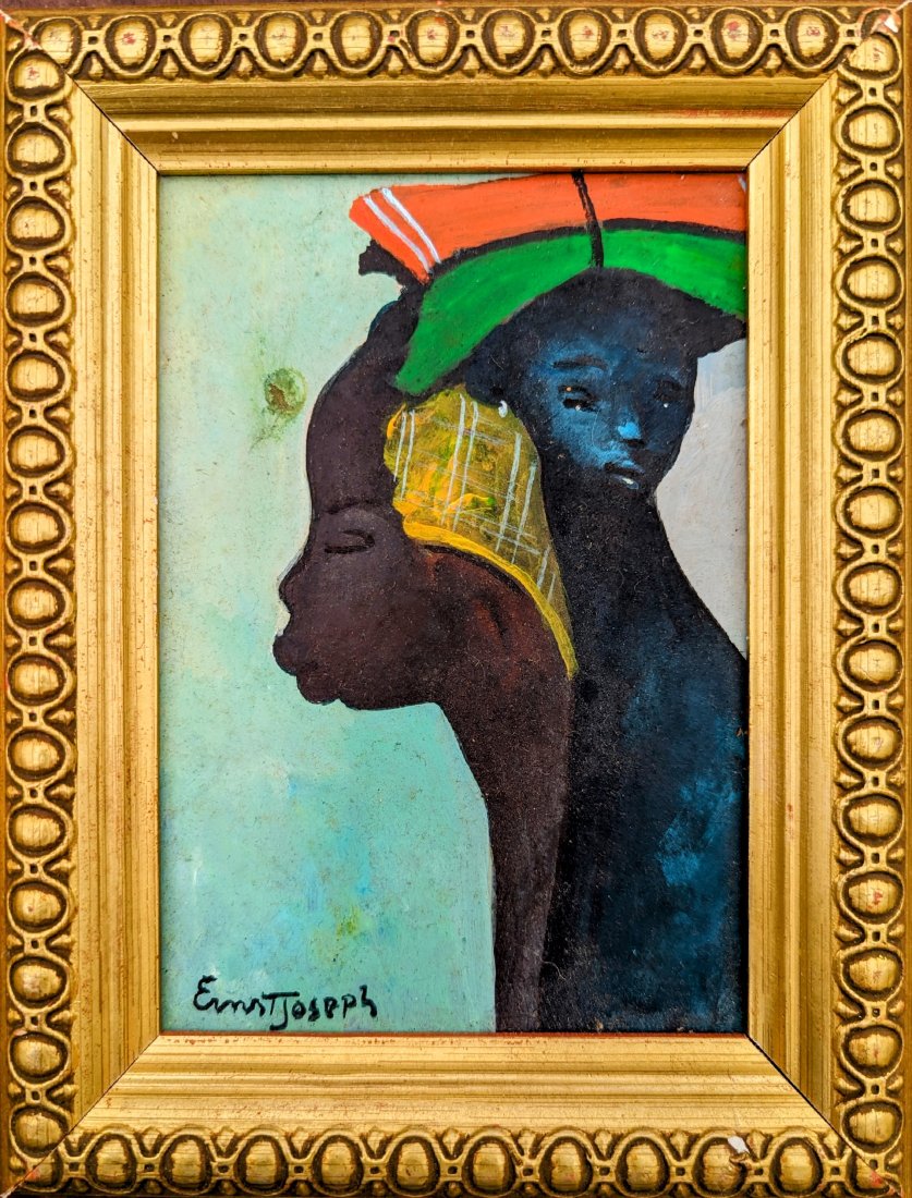ERNST JOSEPH (20th c, Haiti) Surrealist: Oil on wood 7 x 5 in