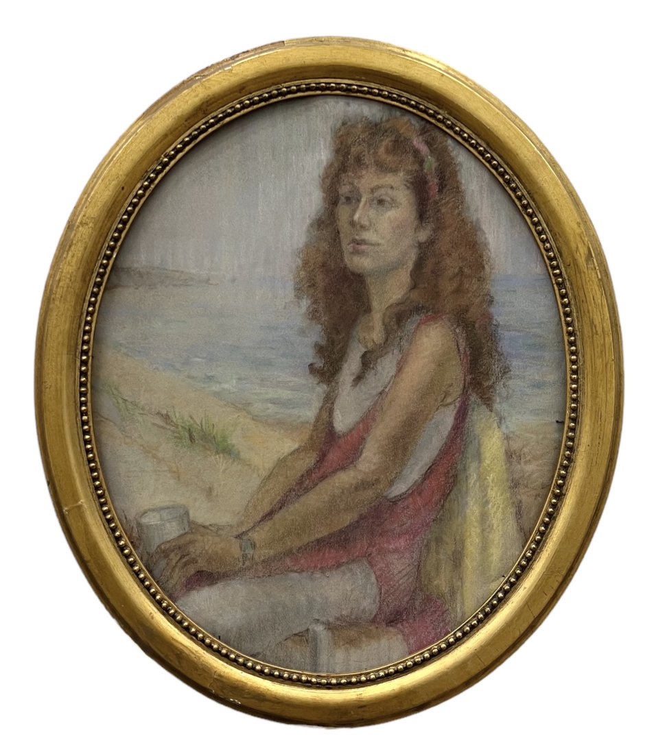 American Pastel Portrait Of A Woman On The Beach, Oval Frame: 24 x 20.5 in (framed)
