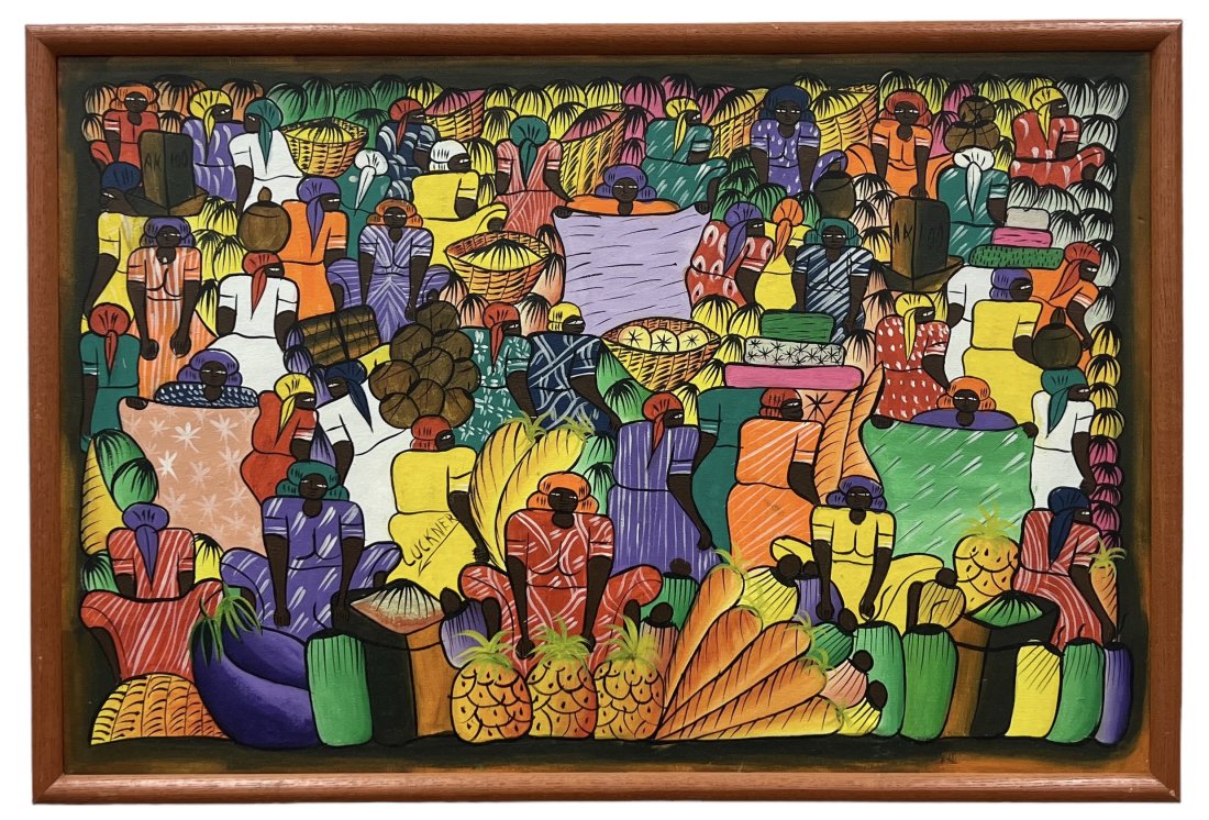 Colorful Haitian Abstract Painting Signed Luckner: Acrylic on canvas 25 x 17 in (framed)