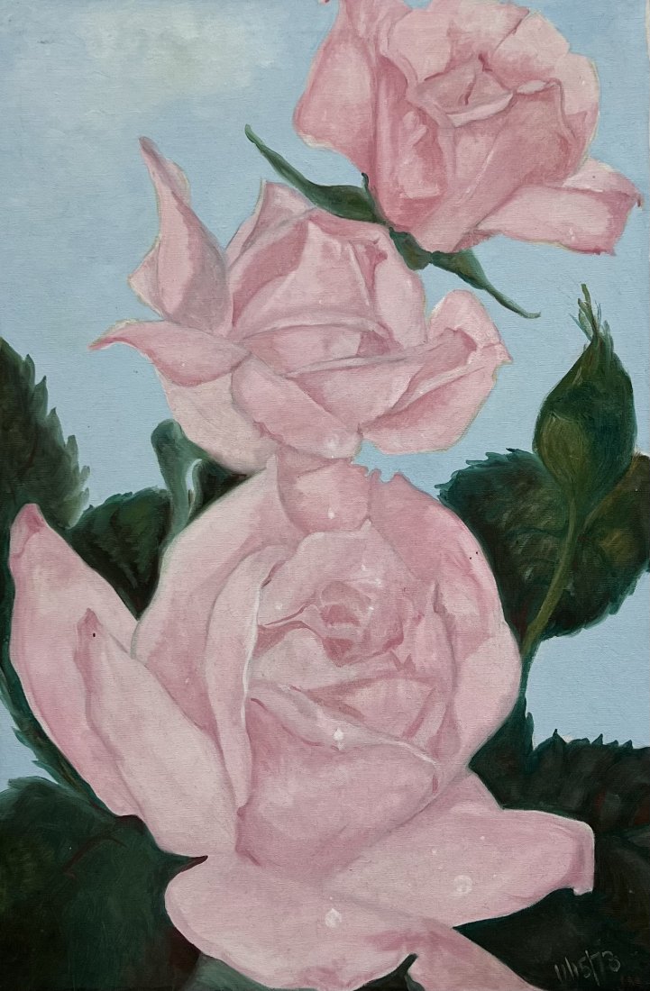 Vintage Floral Painting Of Roses Signed & Dated 1973: Oil on canvas 36 x 24 in
