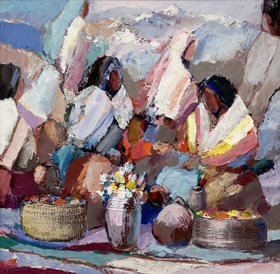 Taos School Impressionist Painting, Signed: Oil on canvas 26.5 x 26.5 in (framed)