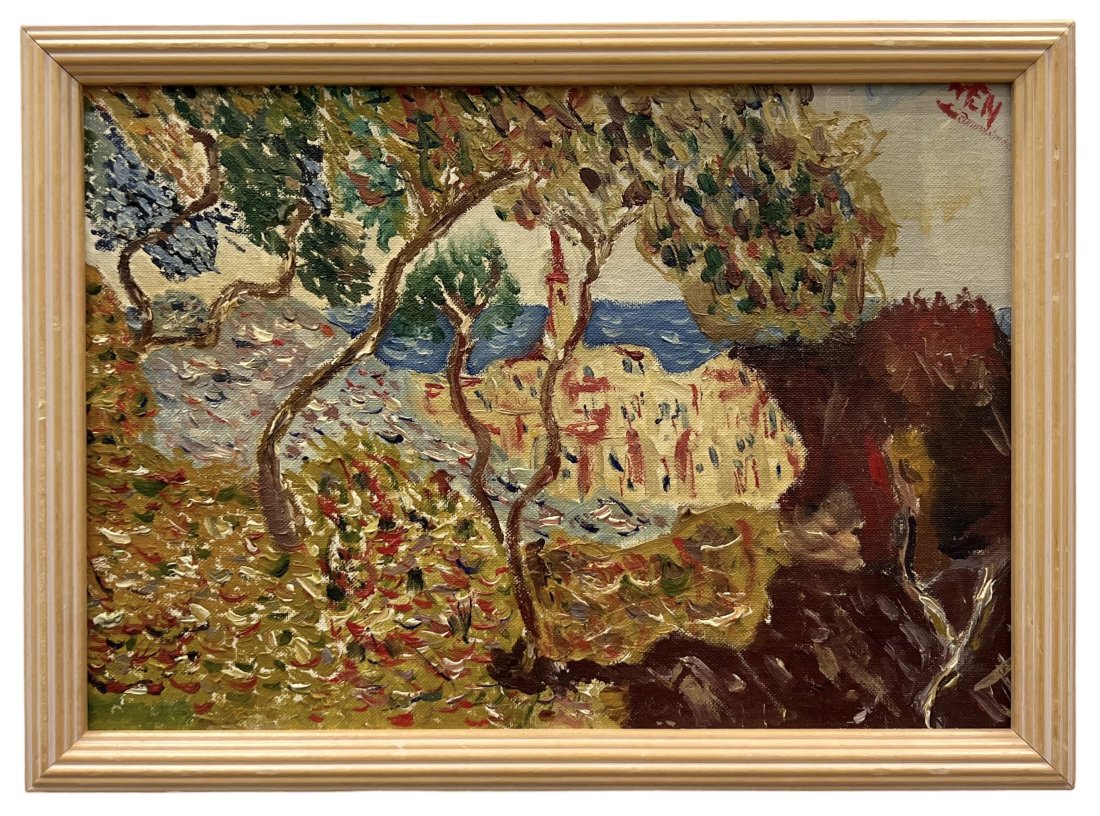 Modernist Coastal Village Landscape, Possibly Croatia, Signed: Oil on board 15 x 11 in (framed)