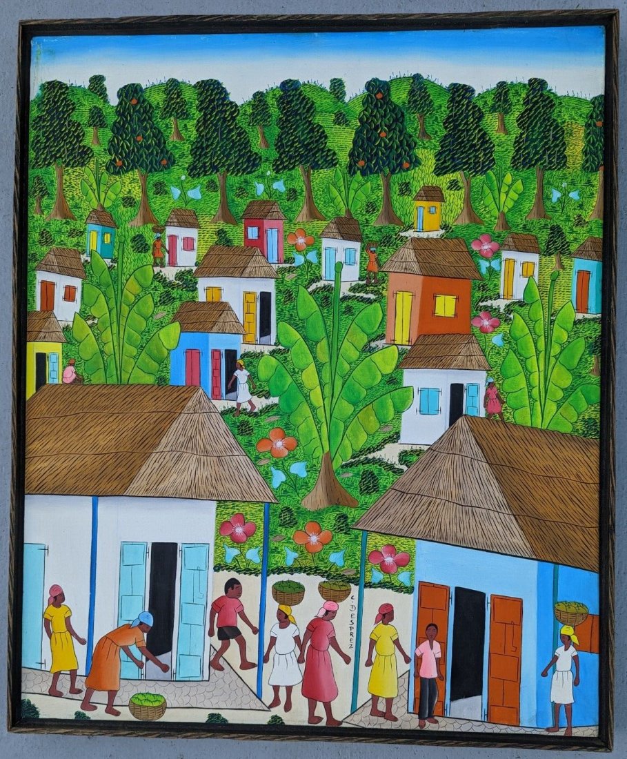 CYRILL DESPREZ (20th c, Haitian) Village Scene: Oil on canvas 24 x 20 in