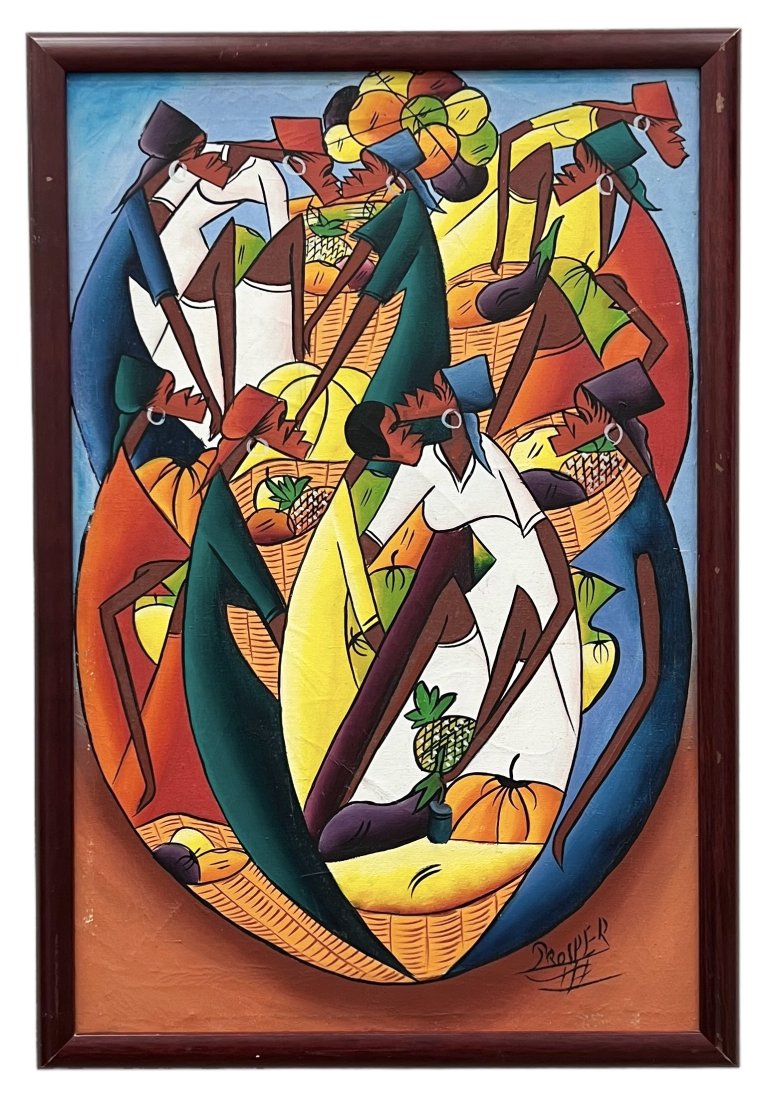 Haitian Modernist Abstract Painting w/ Figures, Signed Prosper: Oil on canvas 24 x 16 in, 25 x 17 in (framed)
