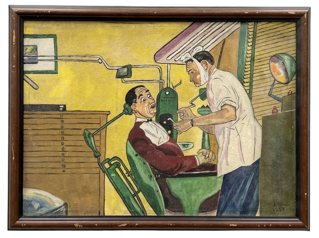 1950's French Illustration Dentist Office Satire Signed J. Simon: Oil on canvas 22.5 x 17 in