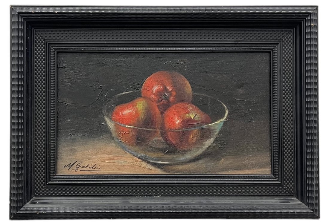 Impressionist Still Life Of Apples, Signed: Oil on canvas 15.5 x 9.5 in, 21 x 15 in (framed)