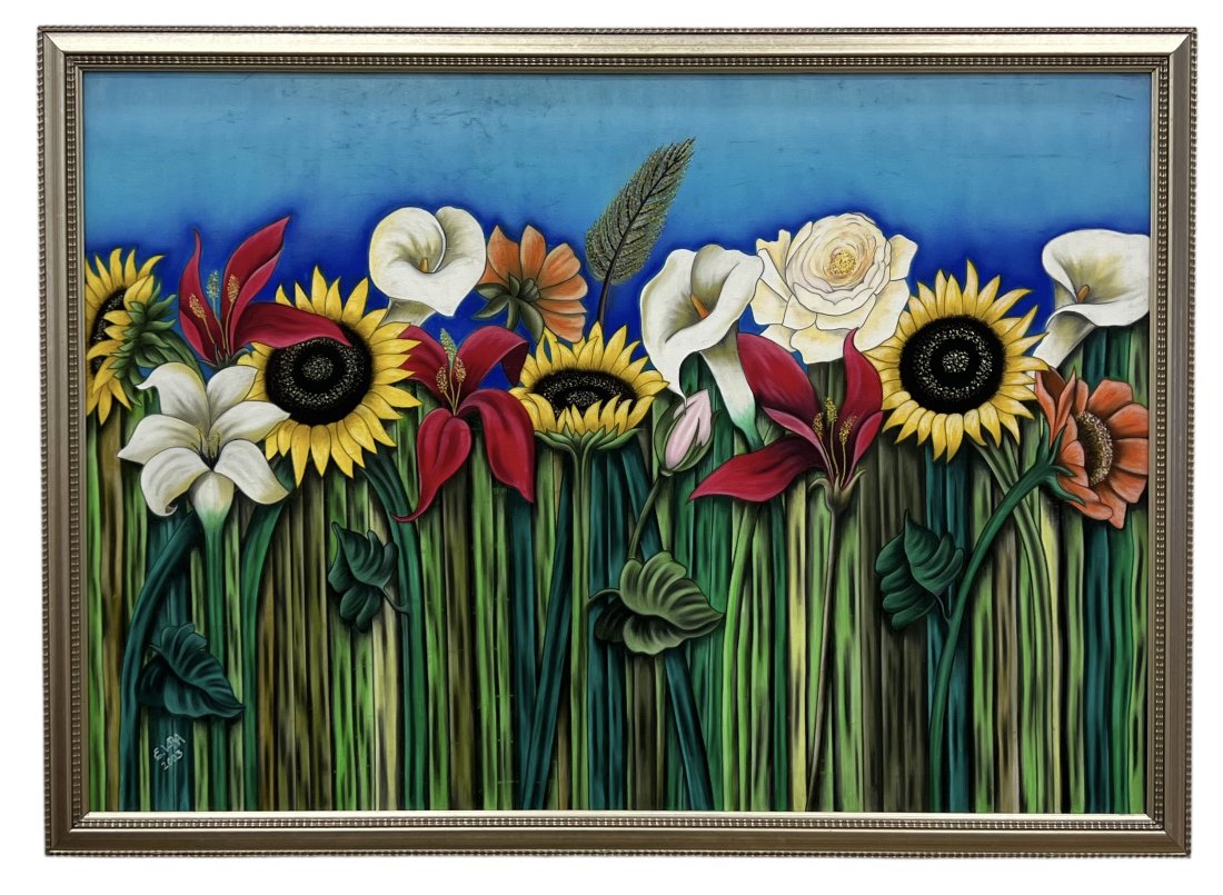 Colorful Spanish Painting Of Flowers Signed E. Vara: On canvas 40 x 29 in (framed)