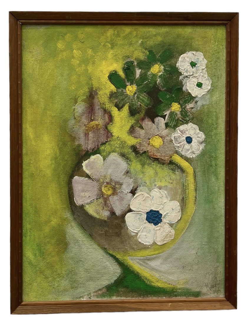 Mid-Century Modern Floral Abstract Signed & Dated 1964: Oil on board 24 x 18 in