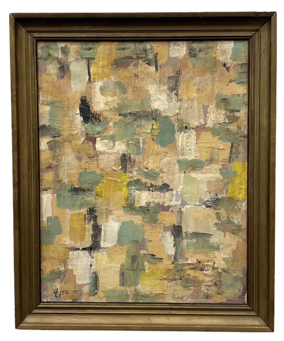 Vintage Abstract Expressionist Painting: Oil on canvas 19.5 x 15.5 in, 23 x 19 in (framed)
