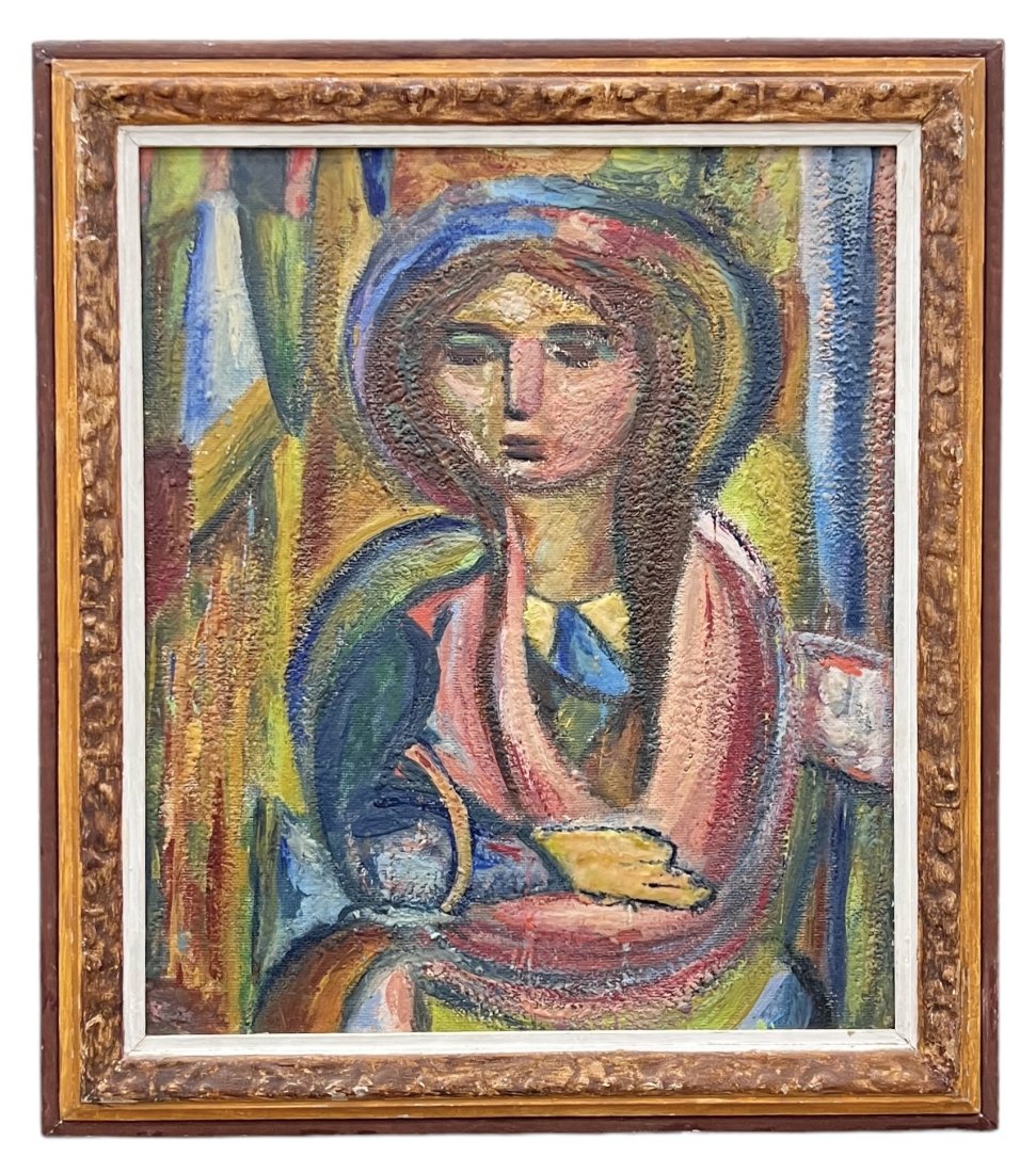 Mid-Century Modern Abstract w/ Figure, Unsigned: Oil on canvas 21 x 18 in, 25.5 x 22 in (framed)