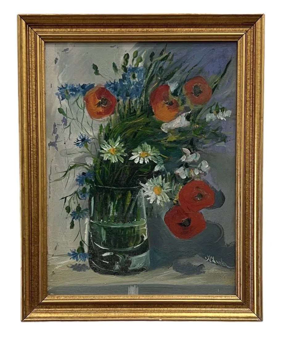 Vintage European School Still Life Of Flowers Painting, Signed: Oil on canvas 16 x 12 in, 18.5 x 14.5 in (framed)