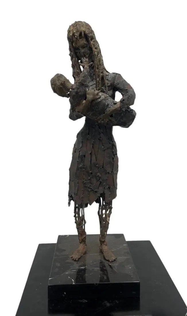 Mexican Modernist Brutalist Metal Sculpture Signed: 18.5 x 8 x 6 in. Mother and child