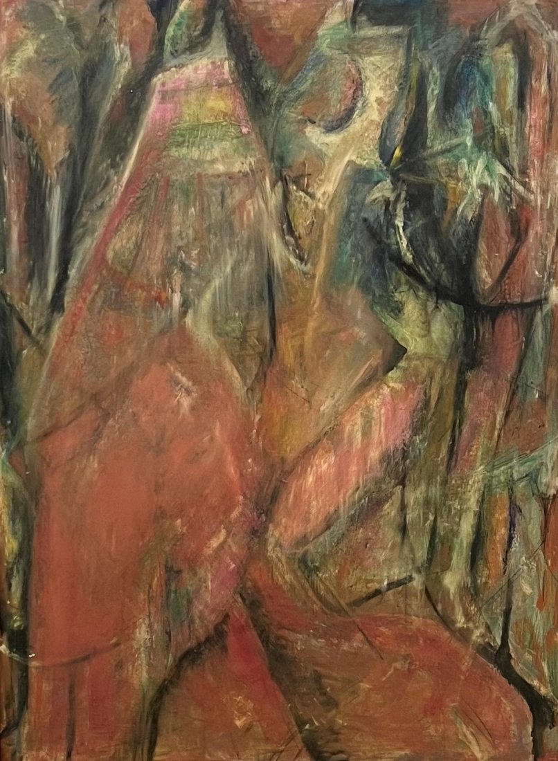 Large Mid-Century Modern American Biomorphic Abstract, Signed: Oil on masonite 48 x 36 in, 51 x 39 in (framed)