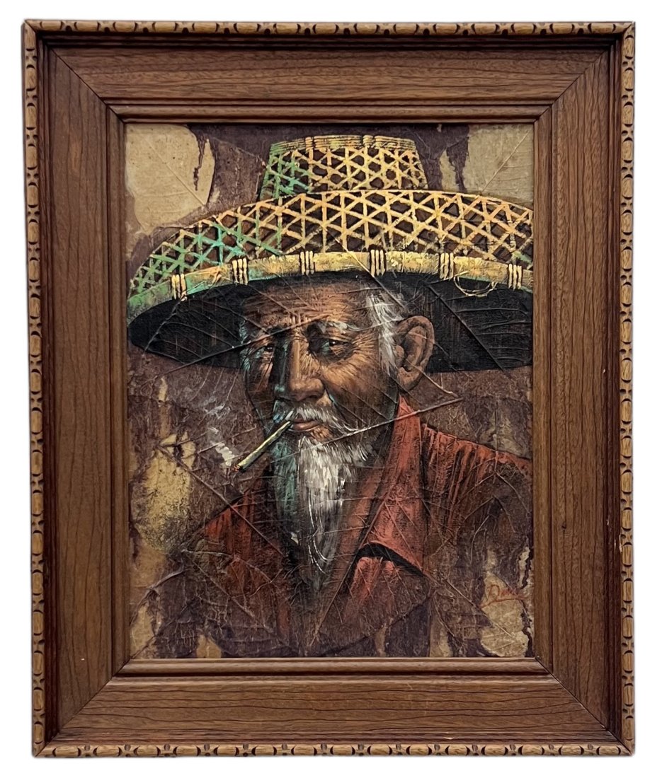 Vintage Vietnamese Portrait Of A Man Painted On Tobacco Leaves: 21.5 x 18 in framed. Signed Dang
