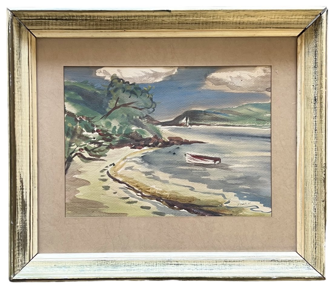 1950's American Watercolor Coastal Landscape w/ Sailboat, Signed: Watercolor on paper 14 x 10 in, 21 x 18 in (framed)