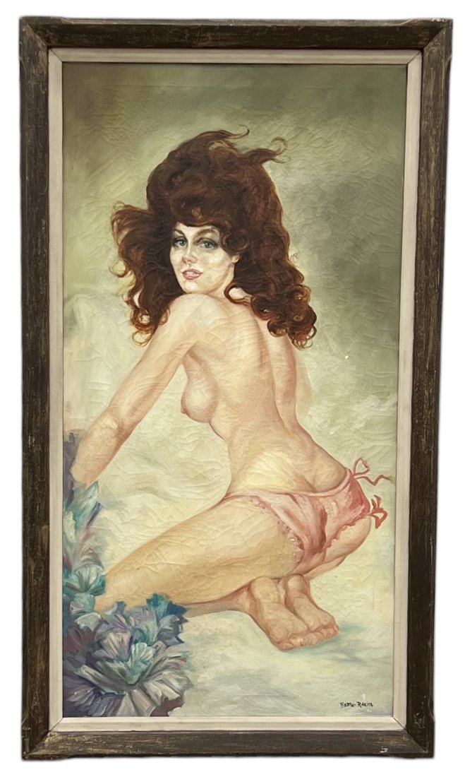 1940's American Red Head Pin Up Nude, Signed: Oil on canvas 46 x 24 in, 51 x 29 1/2 in (framed)